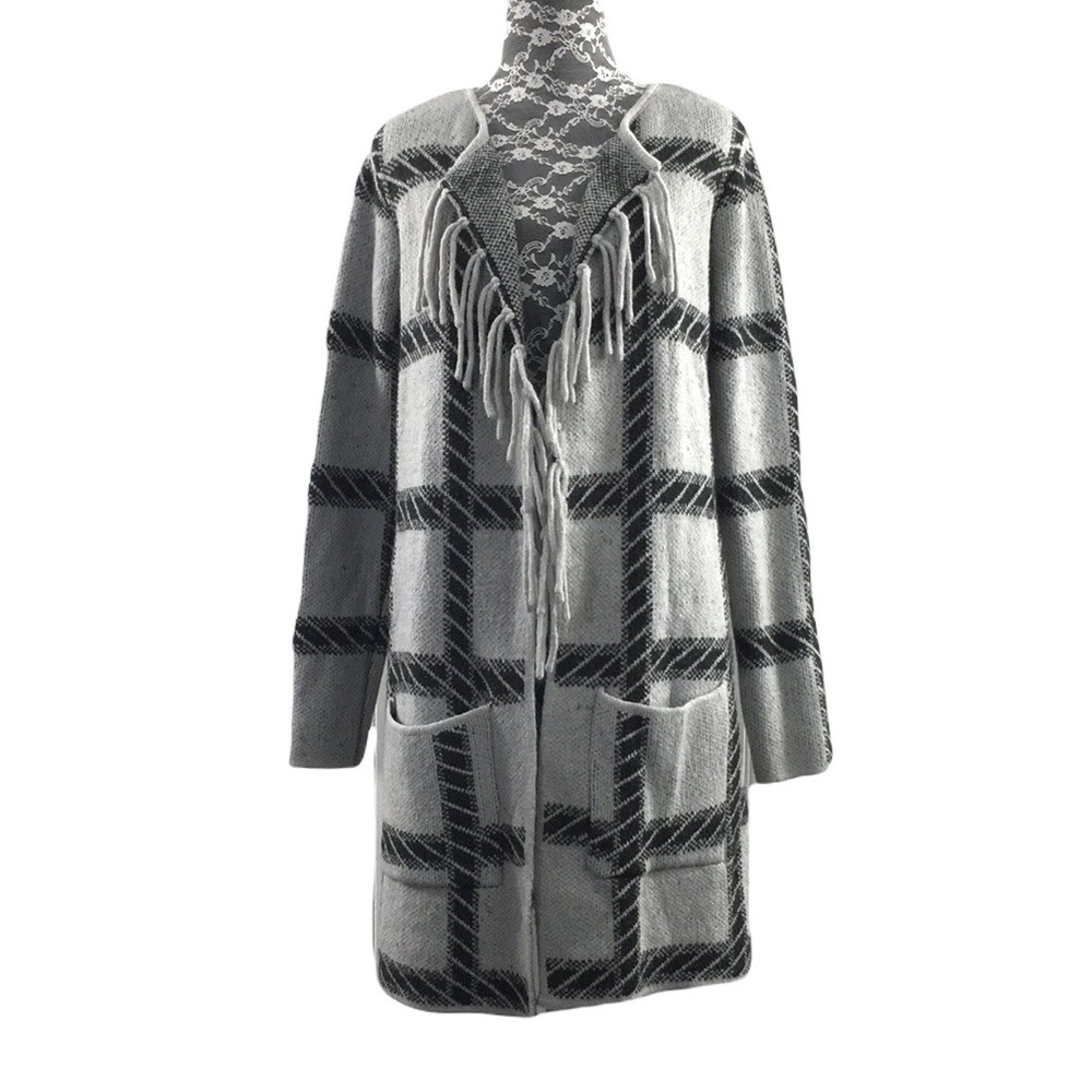 Adrienne Vittadini Black Gray Longline Cardigan‎ Womens Medium Windowpane Plaid